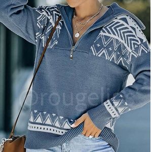 Rouge! Blue and White Cowl Zip Sweater